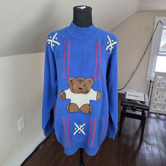 VTG Max and Diane Teddy Bear Sweater Blue Knit Pullover 80s 90s Style M - Picture 1 of 11